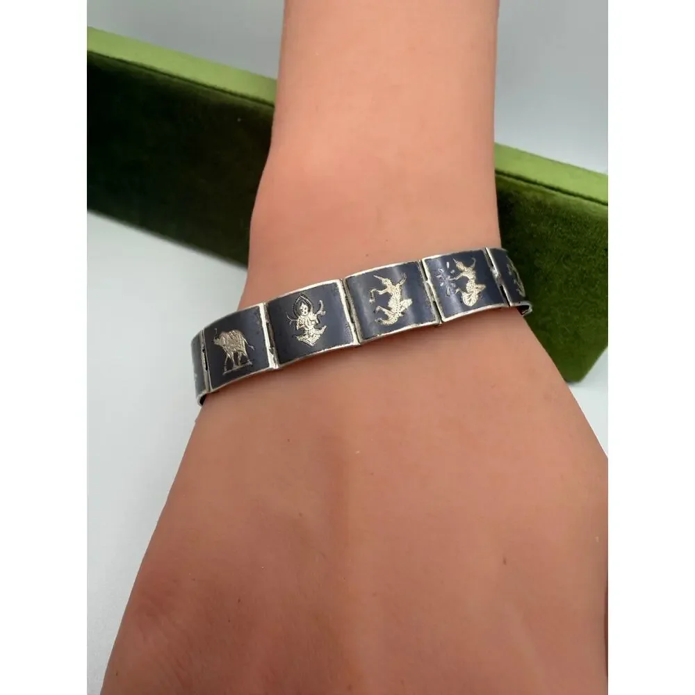 Sterling Silver niello Siam Bracelet, 1940s- 1960's